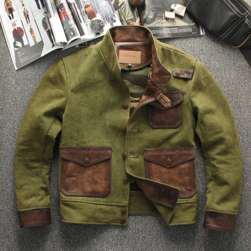 

Casual Green 2023 Style Genuine Leather Jacket Men Single Breasted Plus Size 5XL Natural Horsehide Autumn Short Spliced Coat