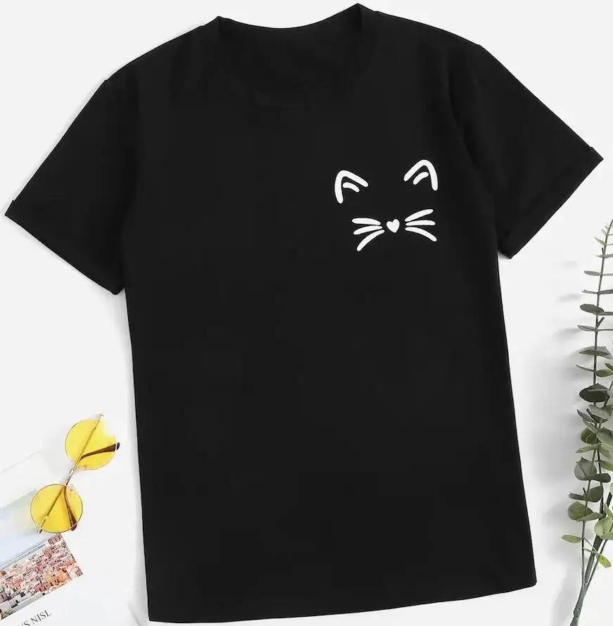 Женская футболка с карманом в виде кошки модная летняя повседневная стиле