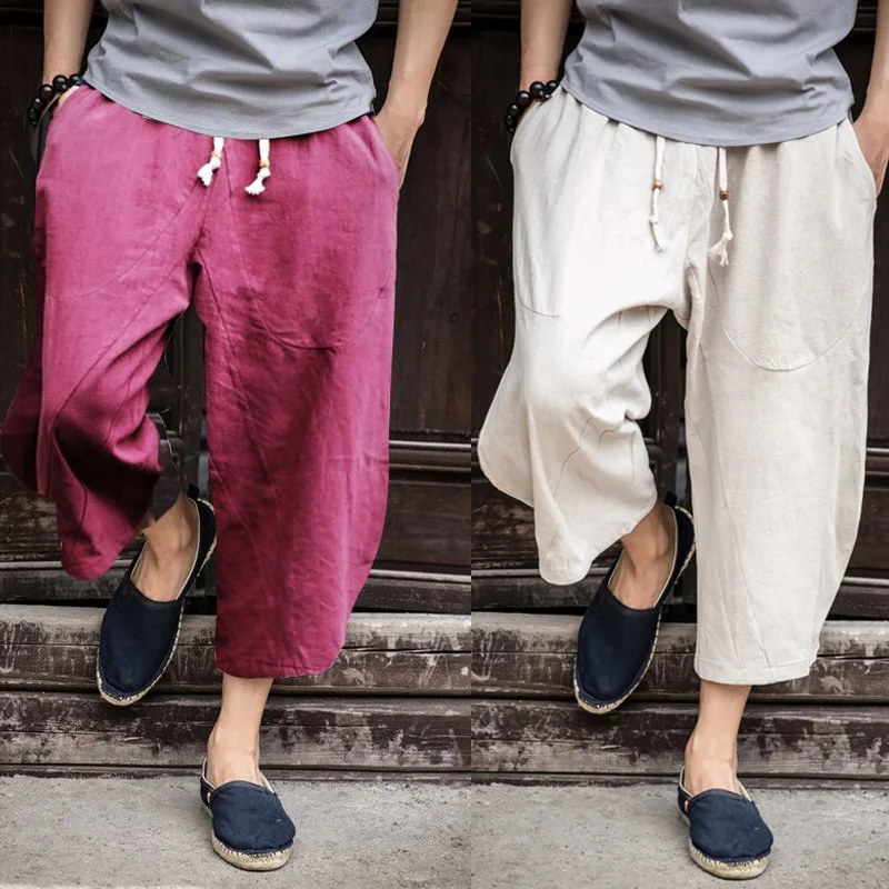 

Chinese Style Man Linen Cropped Pant Trouser Men Casual Wide-Legged Bloomers 2020 Summer Male Traditional Trousers