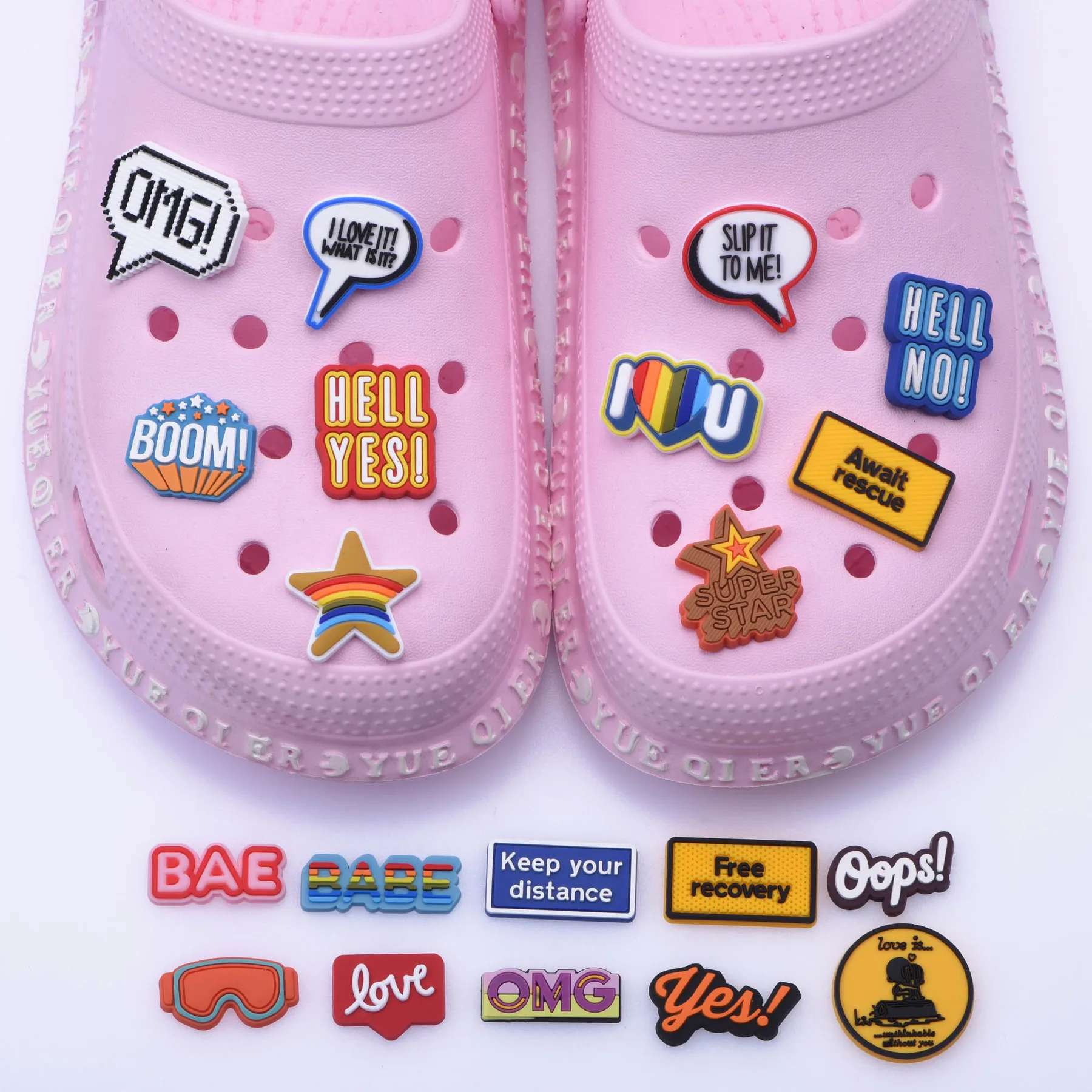 

1 PCS Soft PVC Shoe Charms Hell YES OMG Accessories I LOVE YOU for Shoes Decoration Opps Series Shoe Croc Charm