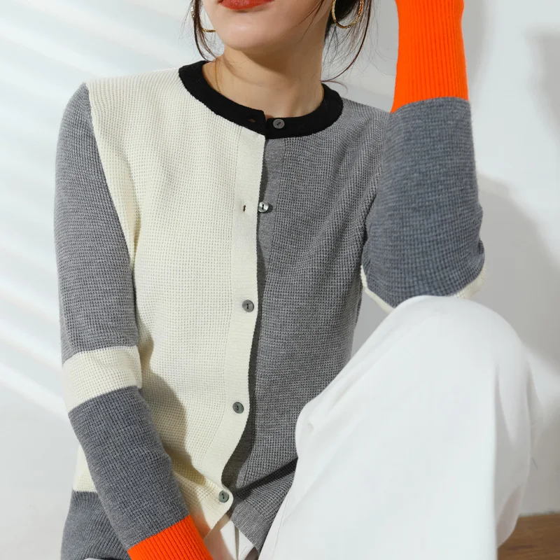 

spring women cardigan patchwork o-neck single breast full sleeves short stylish poncho casual knitwear