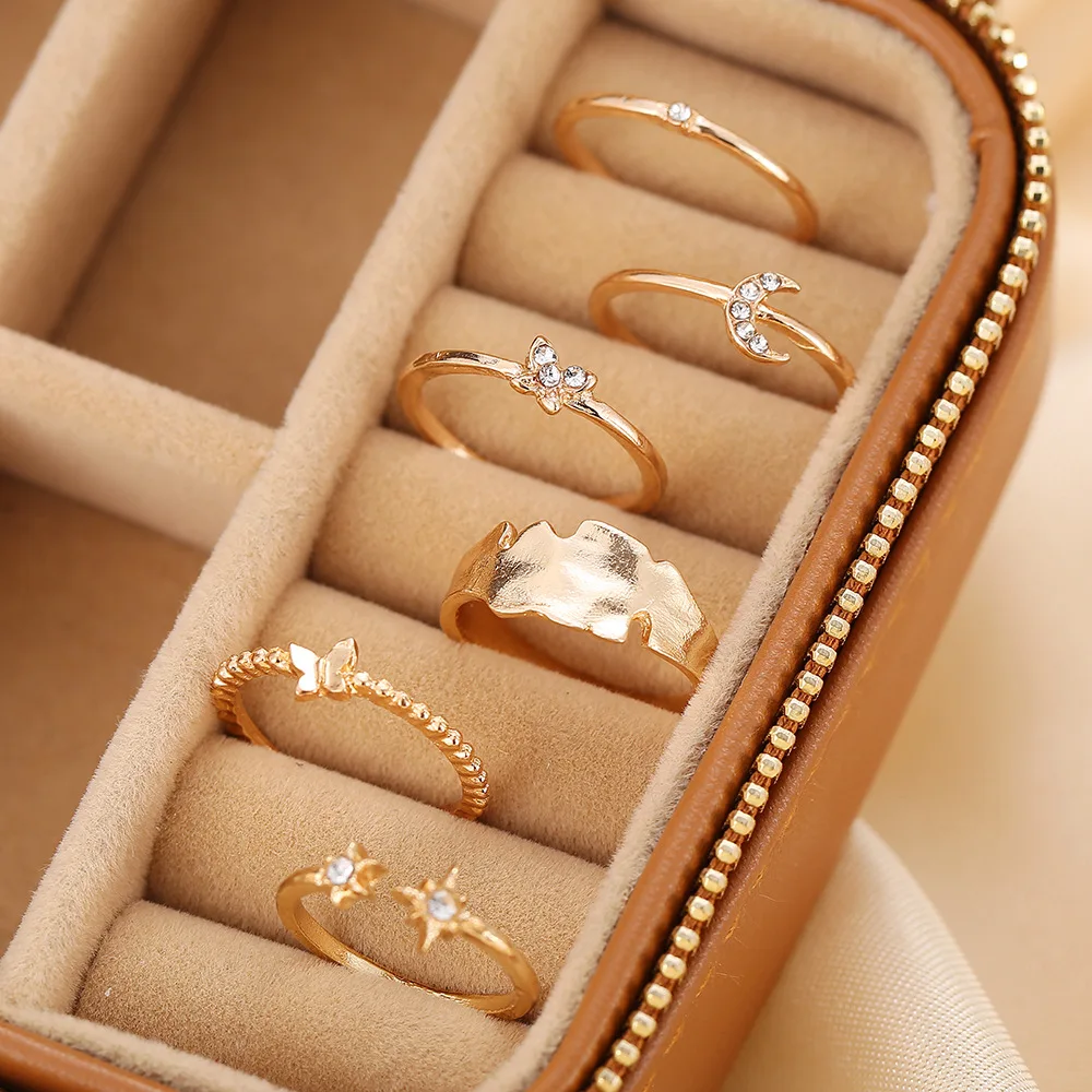 

Bohemian Vintage Gold Color Crystal Star Moon Rings Set For Women Boho Knuckle Finger Ring Female Fashion Jewelry Accessories