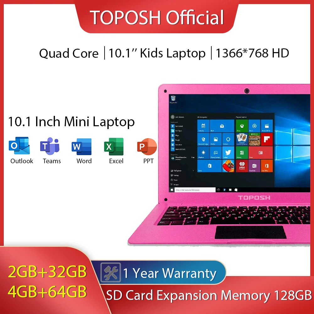 

10.1‘’ Small Laptop 4G+64G Kids Notebook Computer Windows 10 Pro z8350 Fashion Pink Portable Office Slim Study Mini Netbook