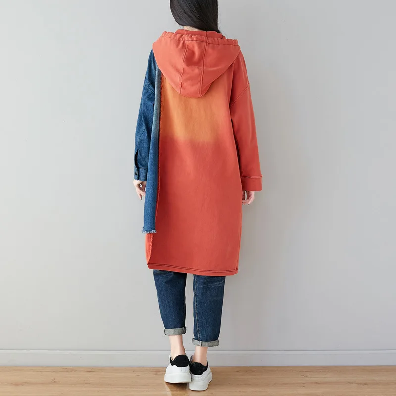 Женское джинсовое платье с капюшоном в стиле пэчворк Свитшот оверсайз