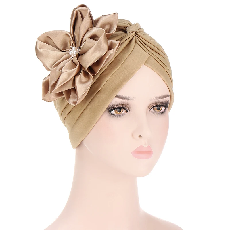 

Satin Flower Stylish Western Style Baotou Cap Pleated Indian Hat Turban Pleated Hat Comfortable Turbante Mujer Hair Accessories