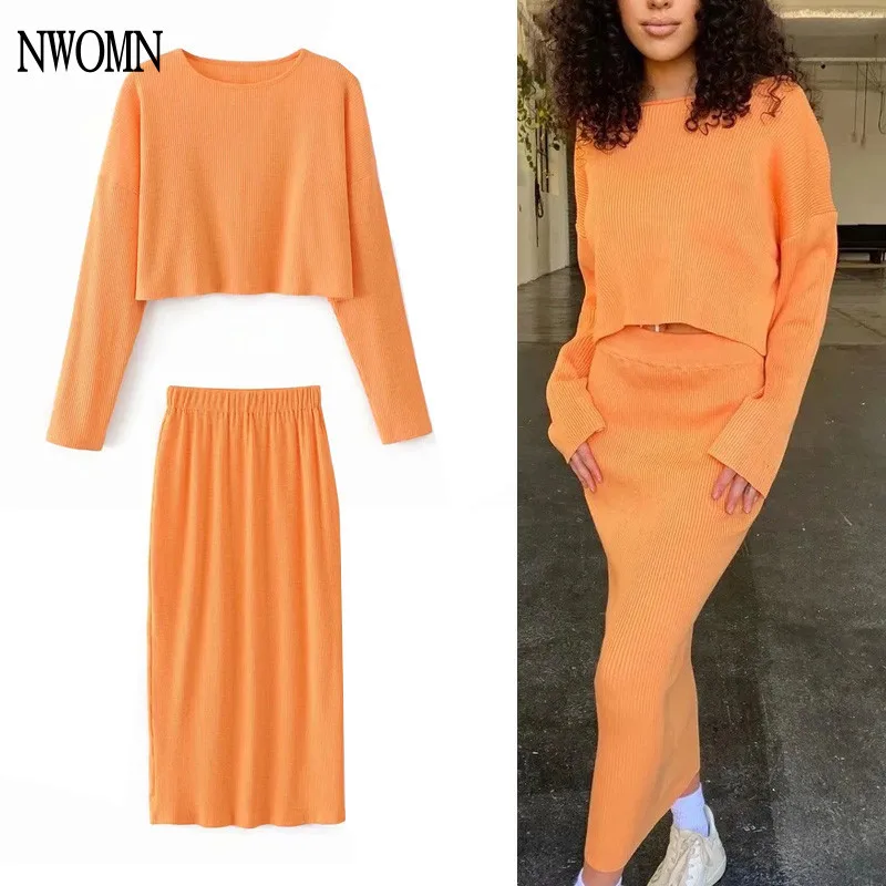 

NWOMN Za 2021 Women's Suit Autumn Knitted Sweater +Elegant High Waist Long Skirts Women Top Loose Streetwear Sweater 2 Piece Set