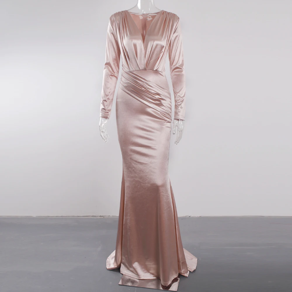 

Deep V Neck Full Sleeved Pleated Long Evening Party Dress Satin Floor Length Event Gown Prom Robe