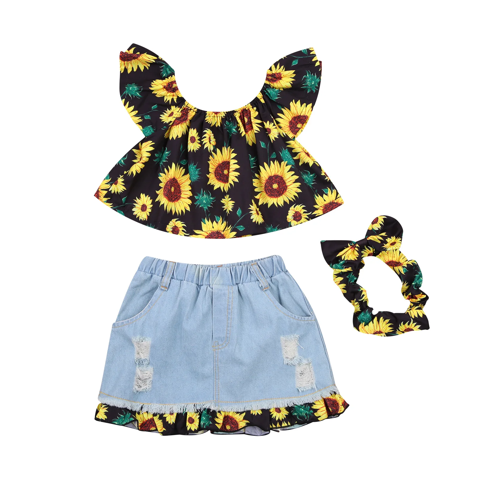 

Baby Girls 3Pcs Sunflower Skirts Summer Set Ruffled Sleeve Printed Crop Tops with Patchwork A-line Denim Skirts and Headband