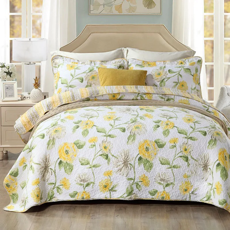 

Luxury Flowers Printing 100% Cotton Quilted Bedspread Coverlet Bed Cover Set Bed Linen Pillowcases 230X250CM 3PCS Home textiles
