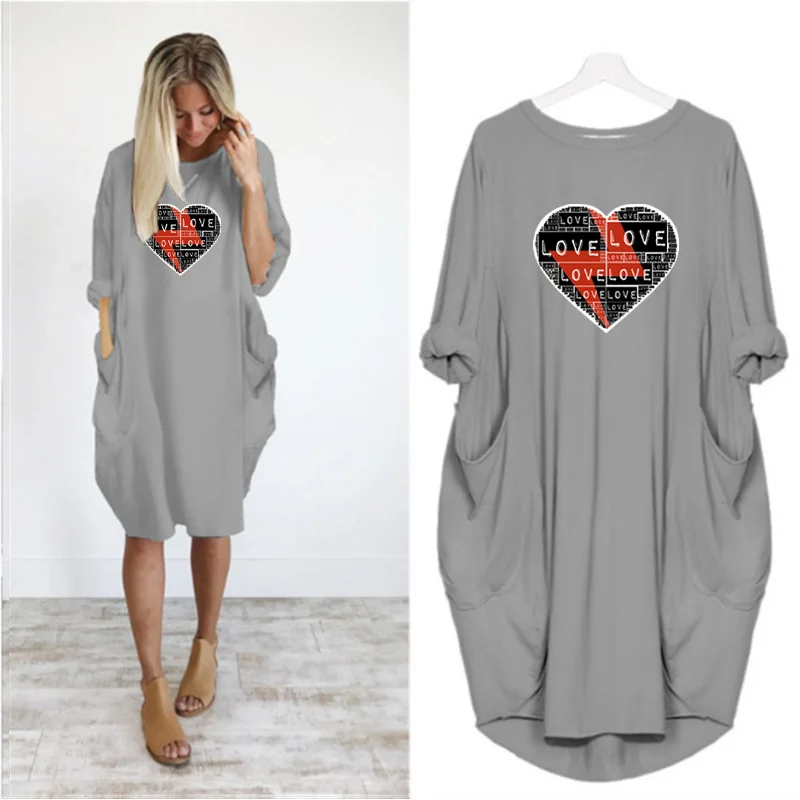 

Love Print Women Harajuku Dress Long Sleeve Autumn Dresses o Neck Pocket Loose Vintage Streetwear Midi Vestidos Robe