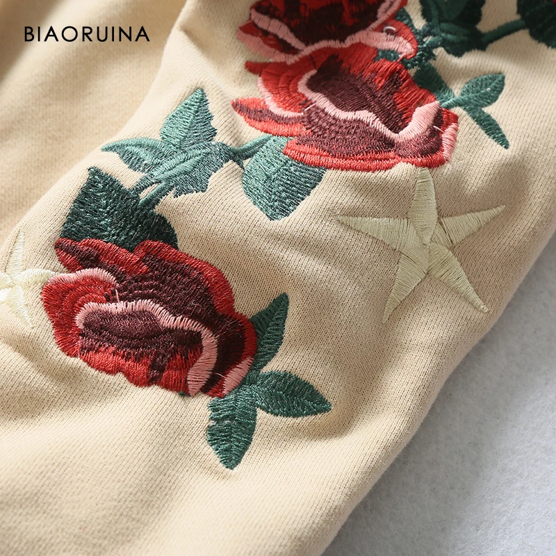 Женская хлопковая толстовка BIAORUINA с цветочной вышивкой и капюшоном