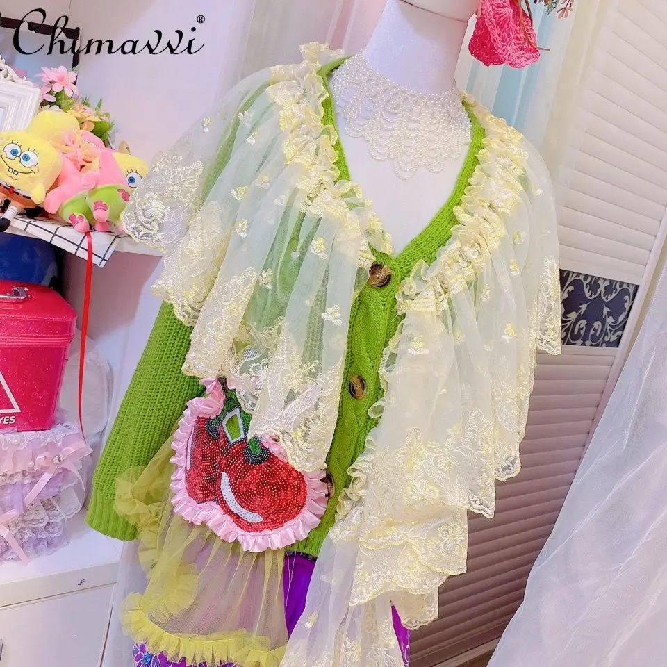 

Женский Осенний вязаный свитер, кардиган в Корейском стиле с оборками и бисером, вязаный Топ в стиле пэчворк, новинка 2021