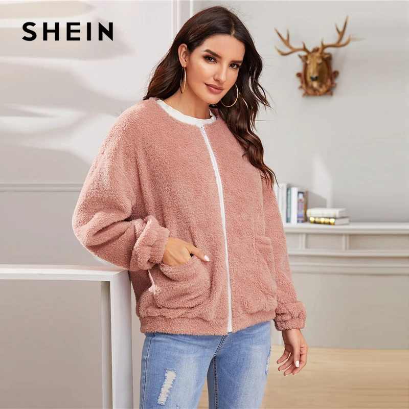 SHEIN розовая однотонная повседневная куртка на молнии спереди, пальто, женская зимняя уличная одежда, длинный рукав, двойной карман, женская верхняя одежда