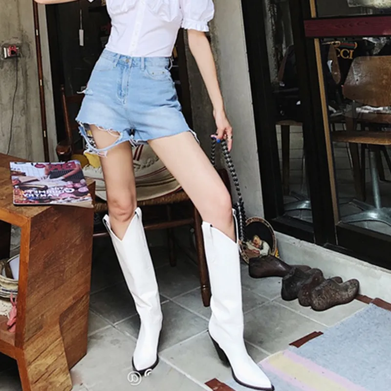 Scarpe donna/ г. Зимняя женская обувь однотонные черные и белые сапоги до колена с острым носком модная женская обувь botas mujer invierno
