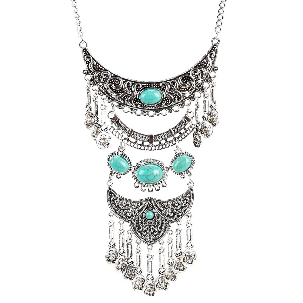 Ожерелье многослойное из бирюзового сплава с кисточками | Украшения и аксессуары