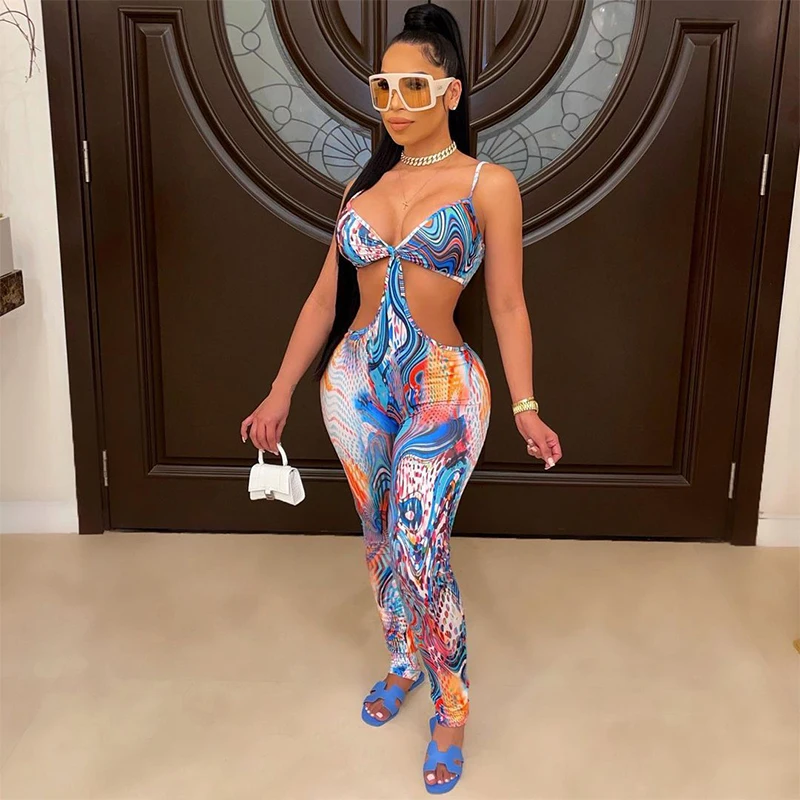 

2021 Summer Wonmen's Hollow Out Spaghetti Strap Printing Jumpsuit Sexy Skinny Sleeveless Hollow Out Sport Wear For Women