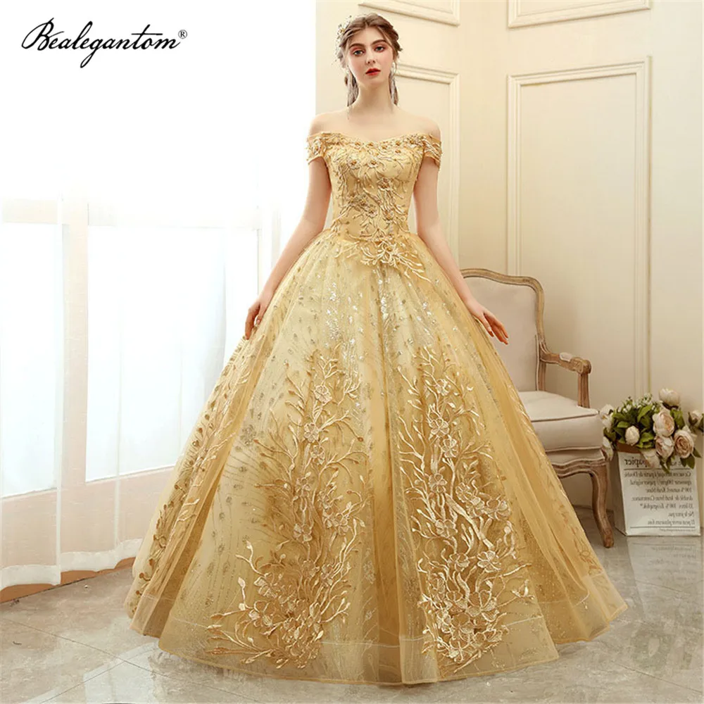 

Bealegantom Sexy Gold Lace Quinceanera Dresses Ball Gown Appliques Sweet 16 Prom Party Gown Debutante Vestidos De 15 Anos QD1319