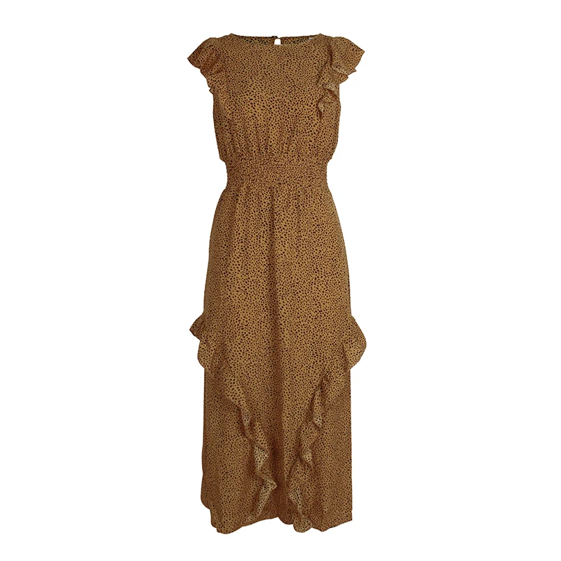 

Summer Polka Dot O-neck Women Dress Casual Sleeveless Fashion Holiday Ruffled High Waist Ladies Long Beach Dress