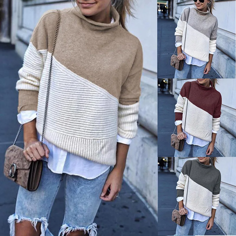 

2020 New Arrival Patchwork Turtleneck Pullover Women Knitwear Autumn Winter Sweaters And Pullovers Casual Knitted Jumper