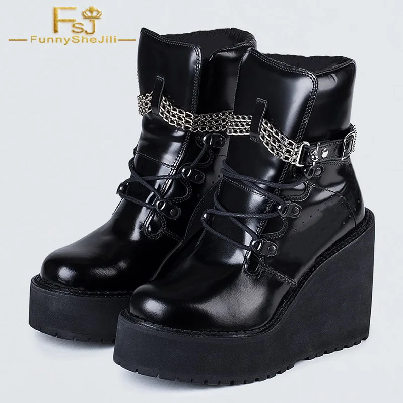 

Black Platform Wedges Ankle Boots Chain Lace Up Round Toe Botas Mujer Big Size 13 14 15 Customization Autumn Winter Women Shoes