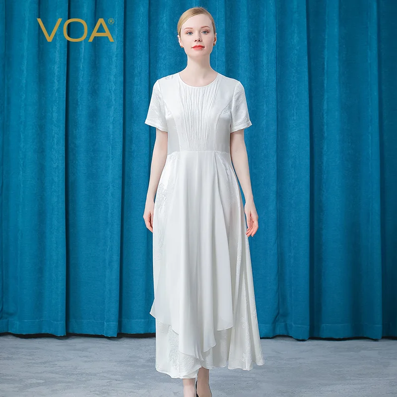 

VOA Heavy 32m/m Silk Jacquard White Round Neck Short Sleeve Dress AE777 Three-dimensional Stitching Elegant Dresses Women