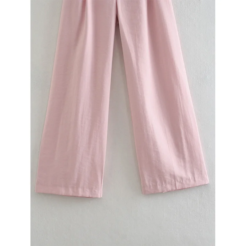 

Women 2021 Summer Fashion High Waist Pink Color Wide Leg Pants Female Pleated Chic Buttons Pocket Zipper Casual Loose Trouser