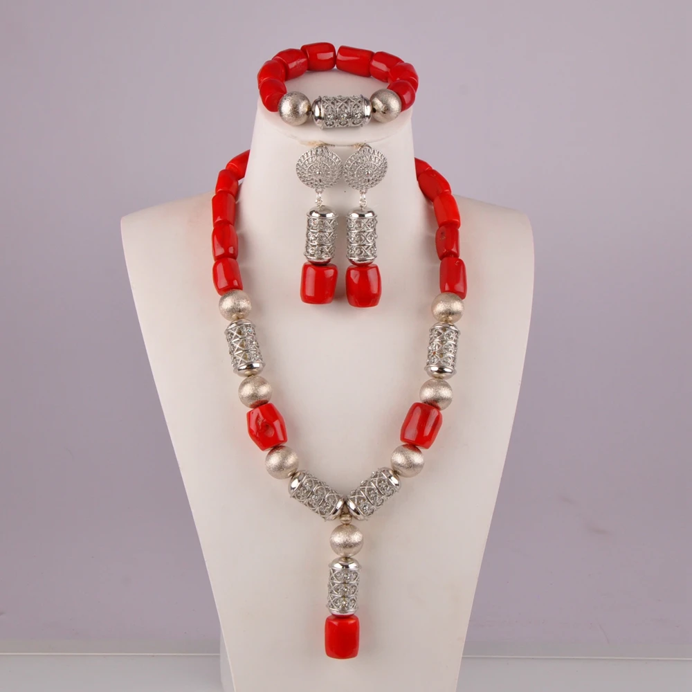 Birthday Party Nigerian Bride Married Natural Red Coral Necklace wWedding Dress Accessories African Wedding Jewelry Set AU-64