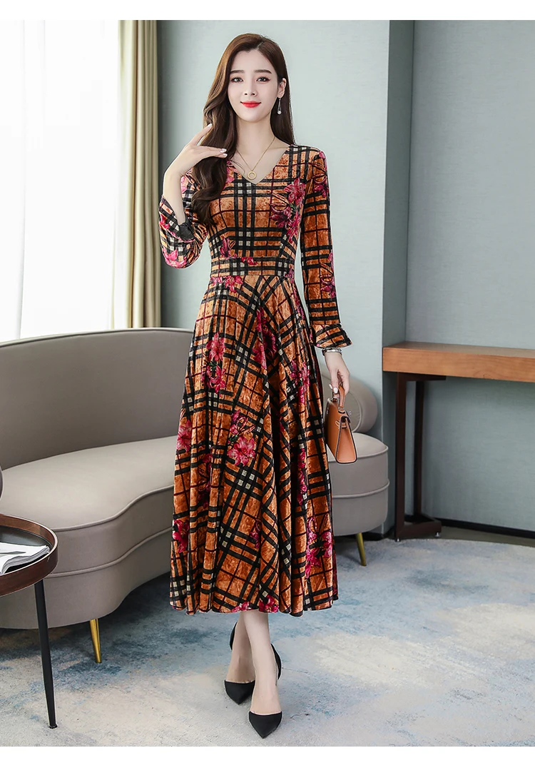 Vintage Floral Velvet Maxi Dresses Autumn Winter 3XL Plus Size Long Sleeve Midi Dress Elegant Women Bodycon Party Vestidos