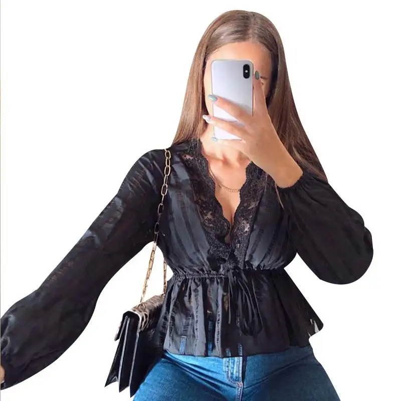 

Female Blouse 2021 Sexy Women Deep V-Neck Long Puff Sleeve Shirt Pullover Blouses Ladies Casual Black Shirts Tops New