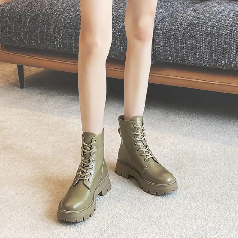 

RIZABINA New Ankle Boots Woman Real Leather Lace Up Thick Bottom Winter Ladies Shoes Fashion Cool Club Shoes Footwear Size 35-40