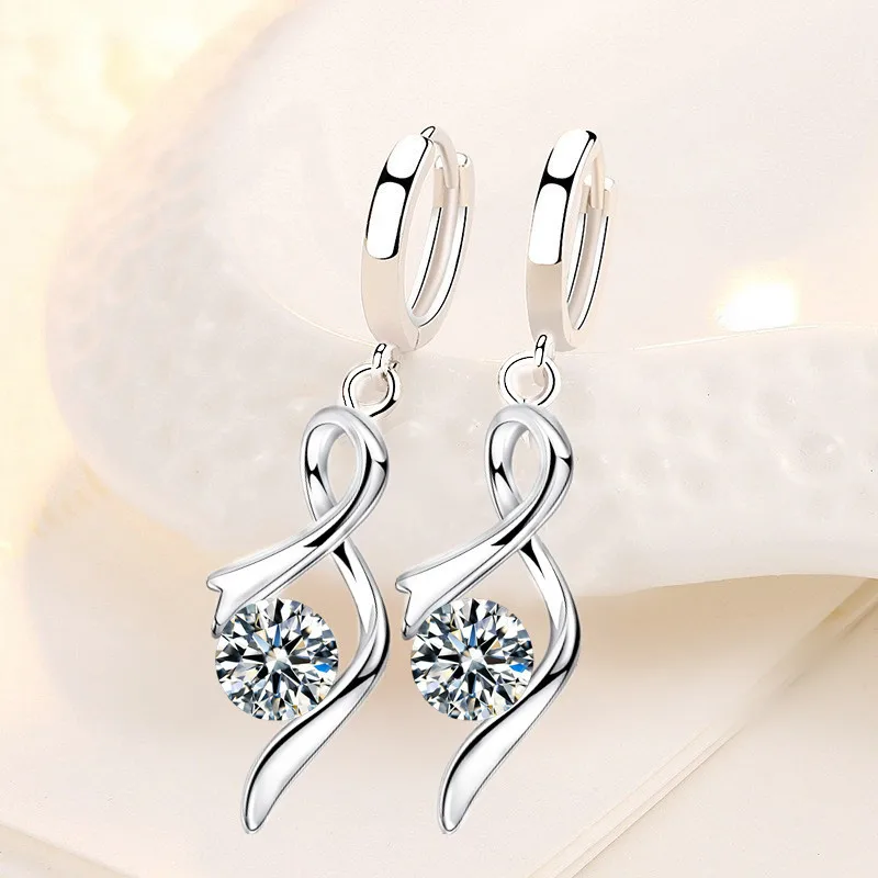 

KOFSAC 2021 Fashion Silver Color Earrings For Women Elegant Blue Zircon Ribbon Shape Earring Jewelry Lady Birthday Gift Joyas