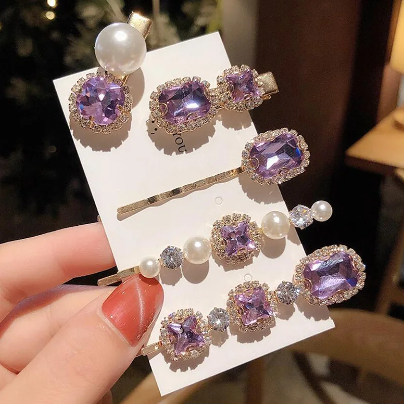 

Hot Sell New Korean Vintage Purple Crystal Hairpins Elegant Pearl Hair Clips for Women Fashion Summer Hair Accessories