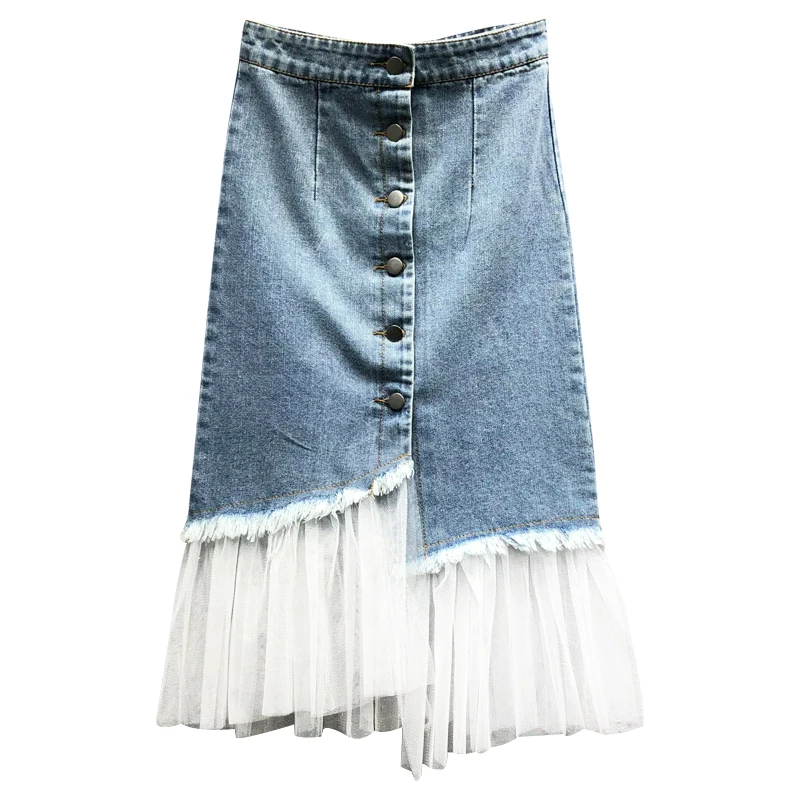 

[IEQJ] Tassel Stitching Buttock H-type High Waist Lace Denim Skirt Women Single Breasted New Fashion Tide 2021 Summer GD870