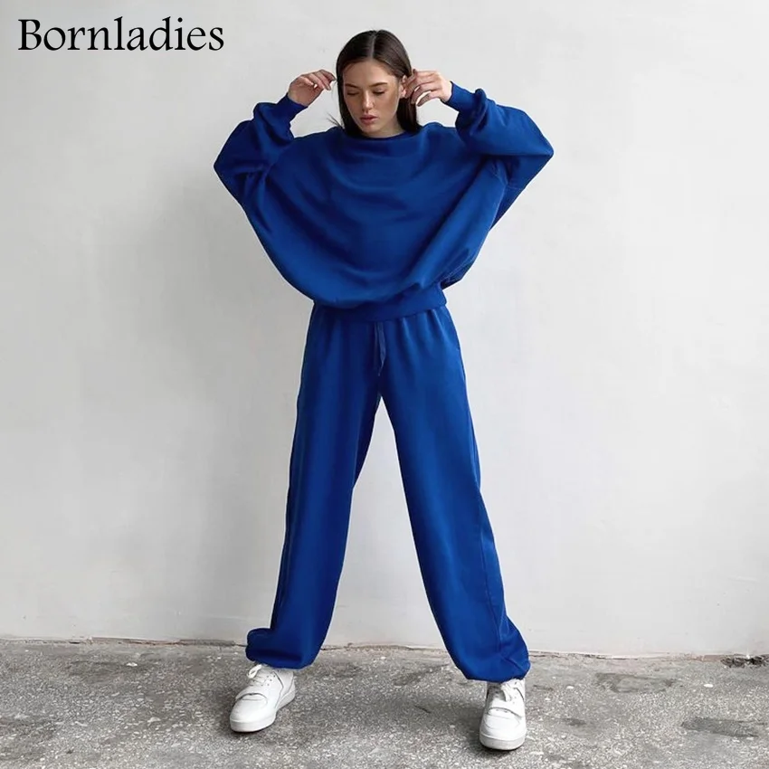 

Bornladies Женский пуловер с рукавом летучая мышь и спортивные брюки костюм со шнуровкой женский зимний спортивный костюм синий спортивный кост...