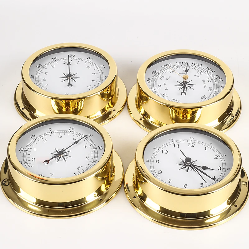 

4 pcs/set Brass Case Traditional Weather Station Barometer Temperature Hygrometer and Tide Clock 145mm Large size B9145-4