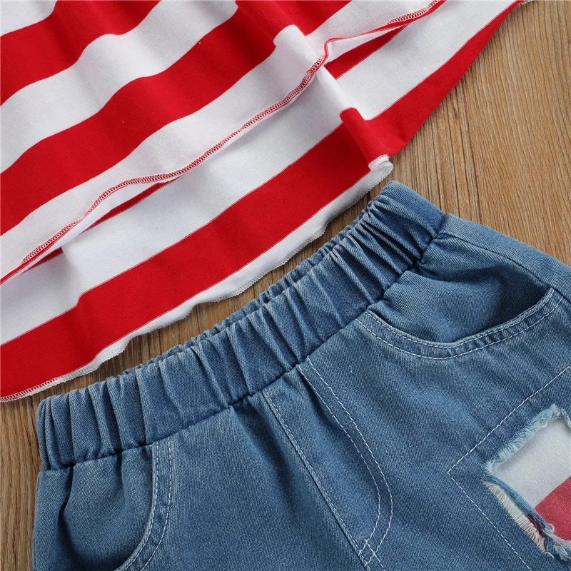 

Children Independence Day Clothes Set, Girls Striped Sleeveless O-neck Tops + Ripped Short Jeans