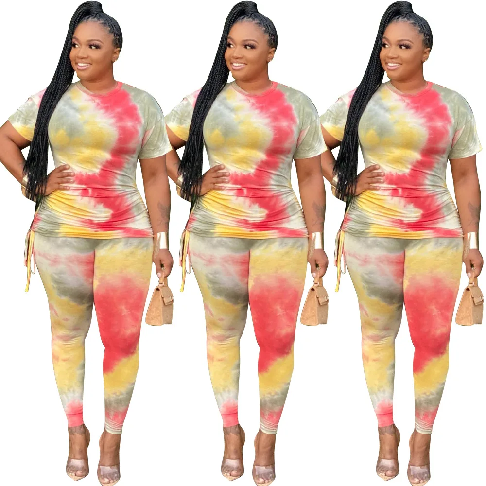 

Pl-size women's color print pleated round neck short-sleeved T-shirt and casual pants two-piece suit 2020 new home sports suit