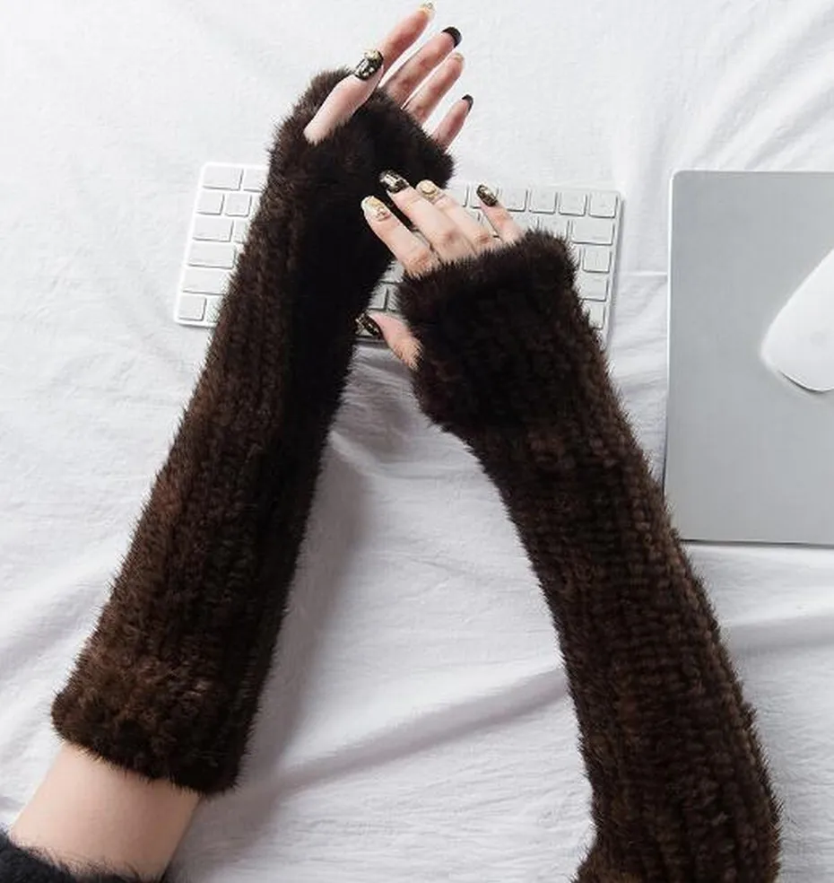 ZDFURS-guantes de piel de visón para mujer, manoplas de piel auténtica a la moda, de punto, sin dedos, 30/40cm de largo