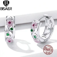 bisaer pink flowers hoop earrings real 925 sterling silver colorful zircon round earrings for women romantic jewelry efe403