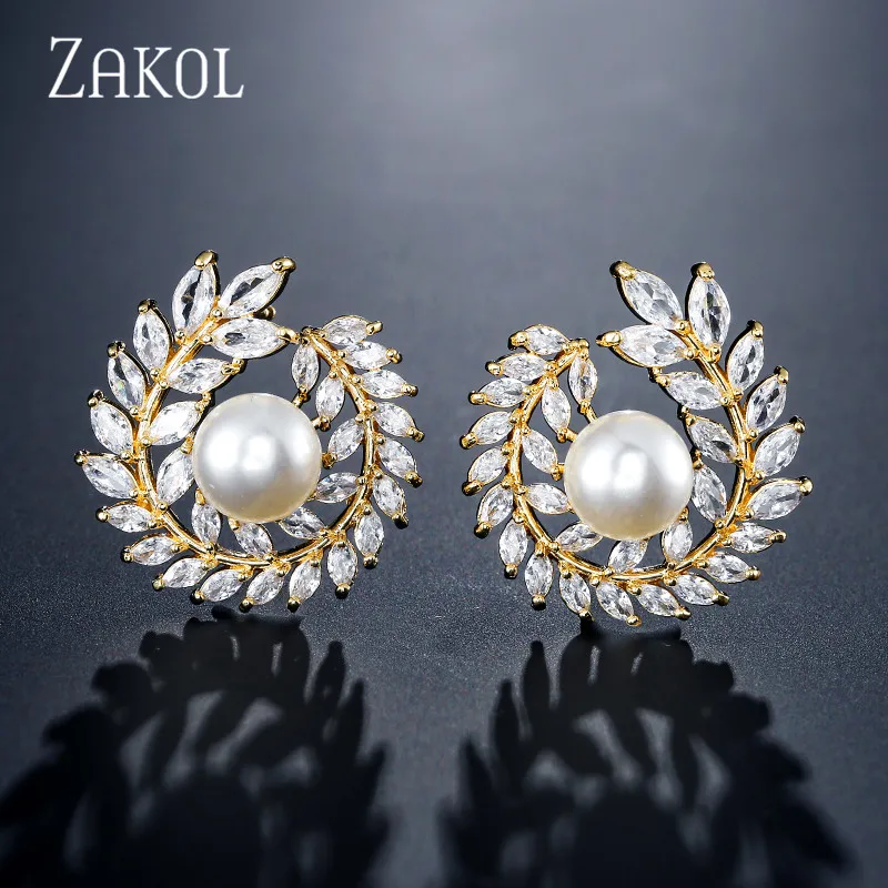 ZAKOL роскошные свадебные серьги-гвоздики с искусственным жемчугом с кубическим цирконием для женщин модные свадебные украшения в виде листьев FSEP2358