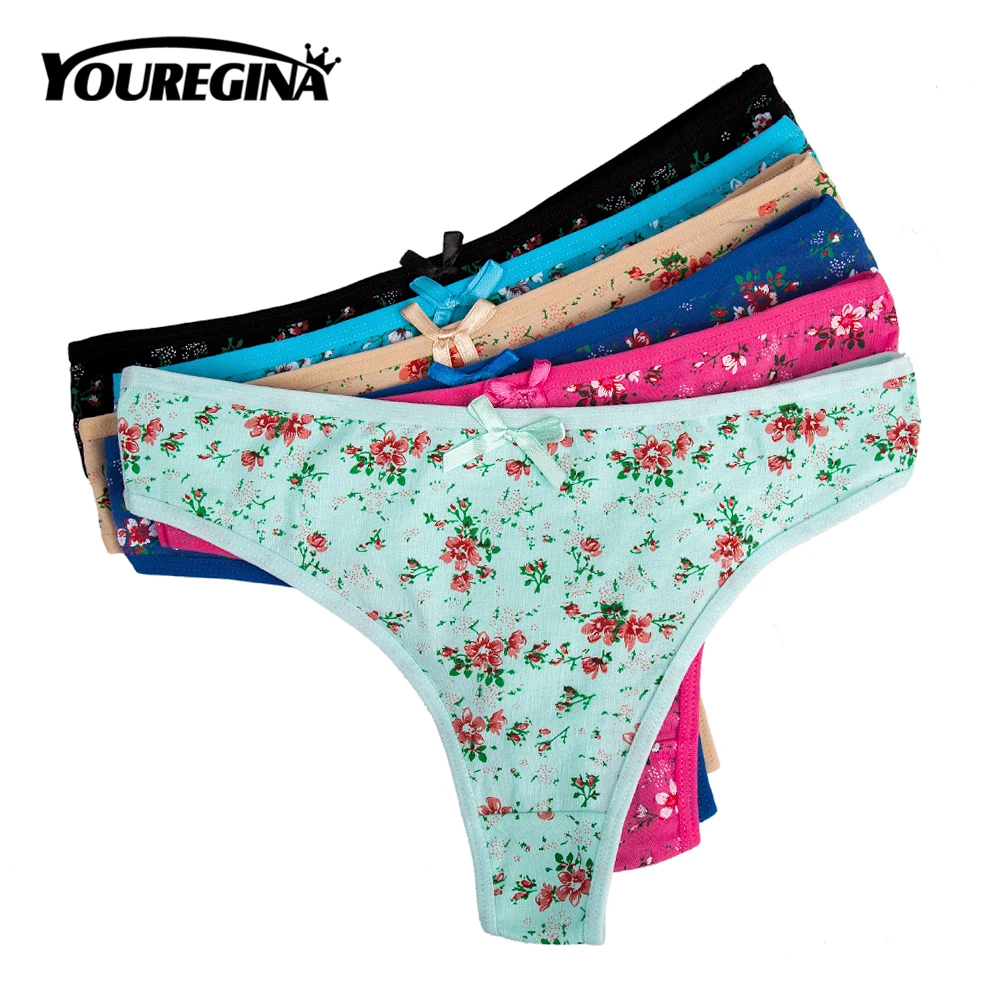 

YOUREGINA Women Sexy Thong G-String Low-waist Floral Print Briefs Panties Lady Intimates Lingerie Bow Comfortable 6pcs/lot M-XL
