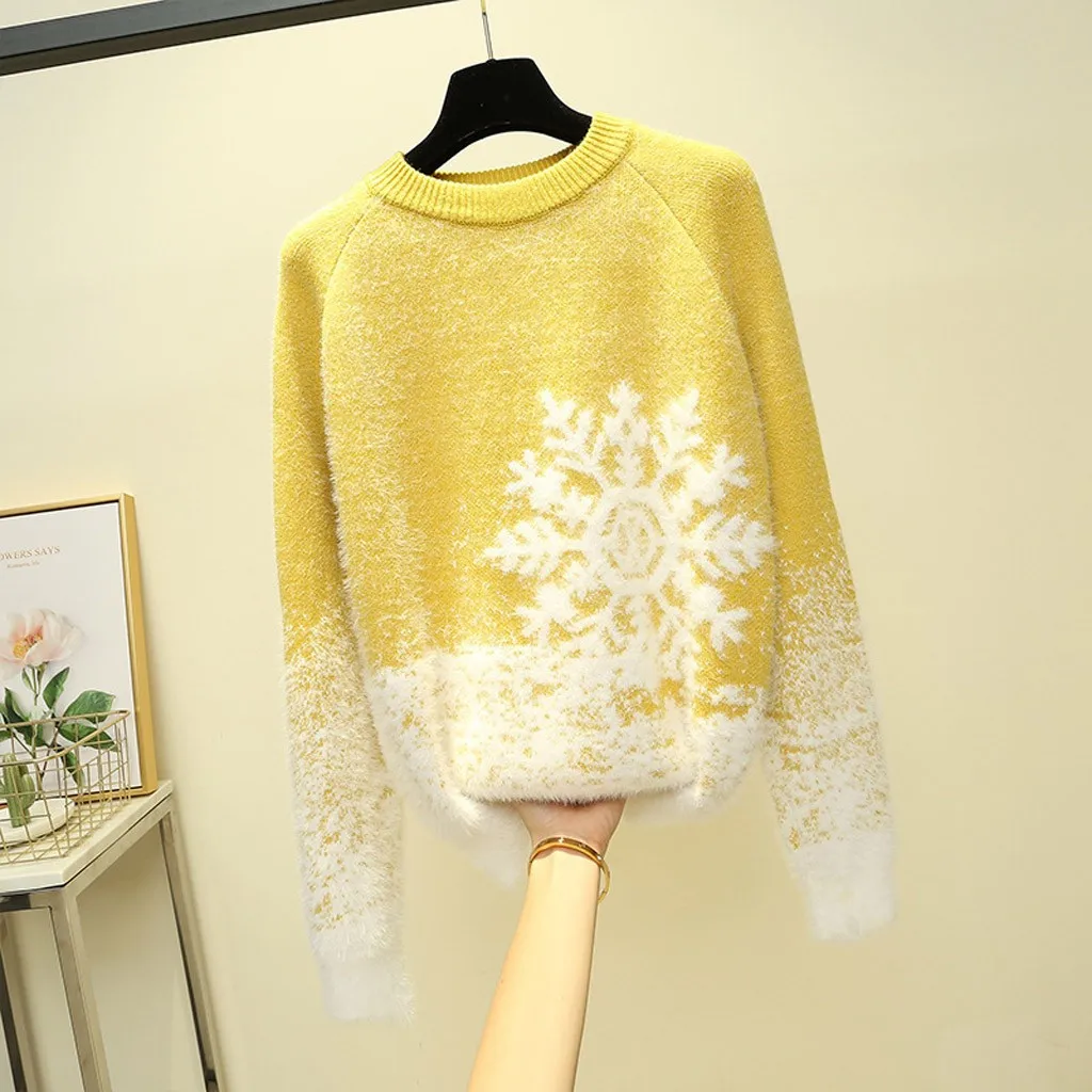 Женские свитера Рождественский вязаный свитер со снежинками с круглым вырезом