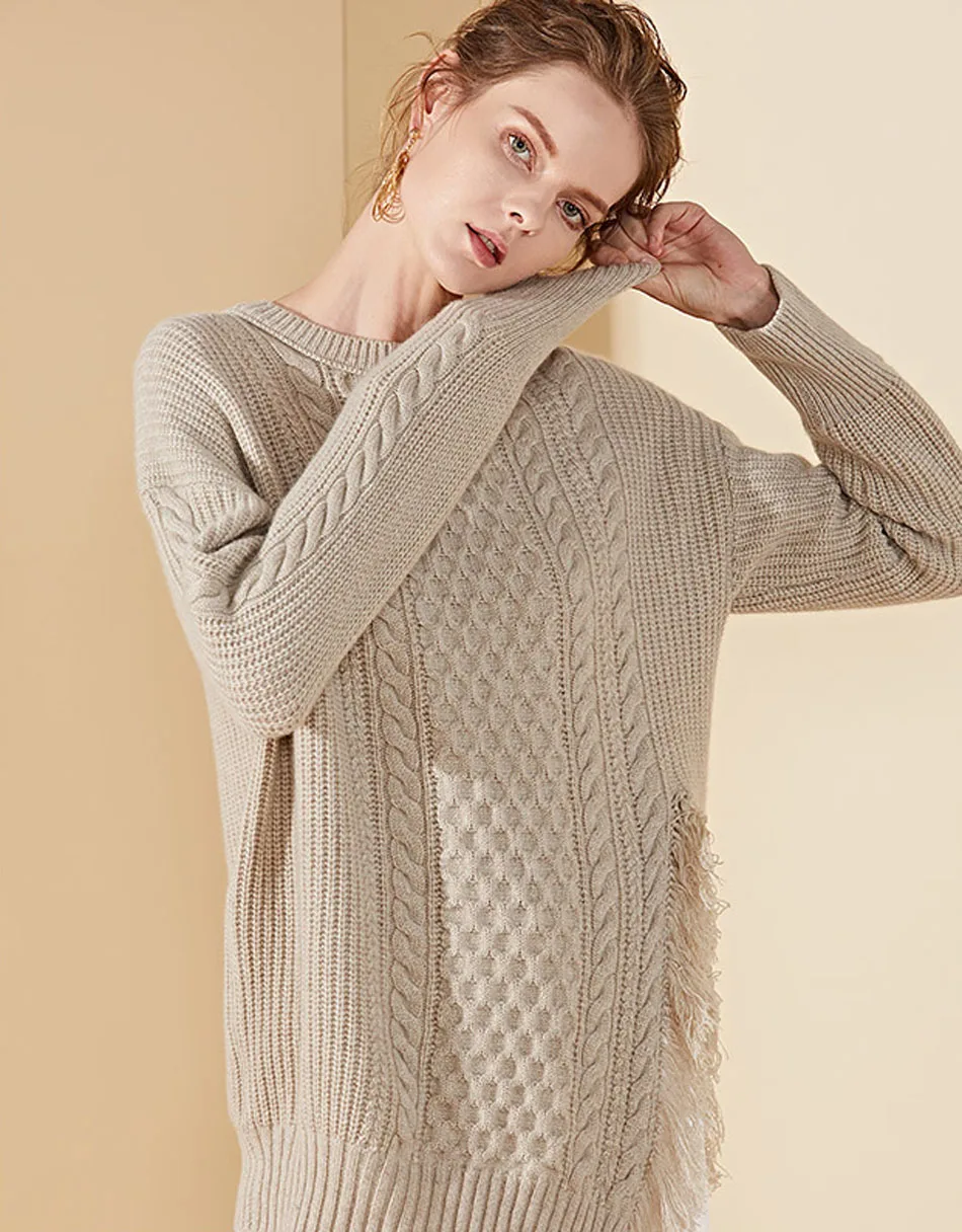 YJMY Inner Mongolian Cashmere Sweater Women Dropped Shoulder Tassel Side Slit Ribbed Cable Knit Winter in Slava Store - Цвет: Grey