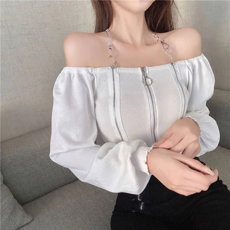 

Women T-Shirt Autumn Fashion Korea Style Female Wild Slash Neck Slim Long Sleeve Sexy Zipper Short Knitted Tops 2021