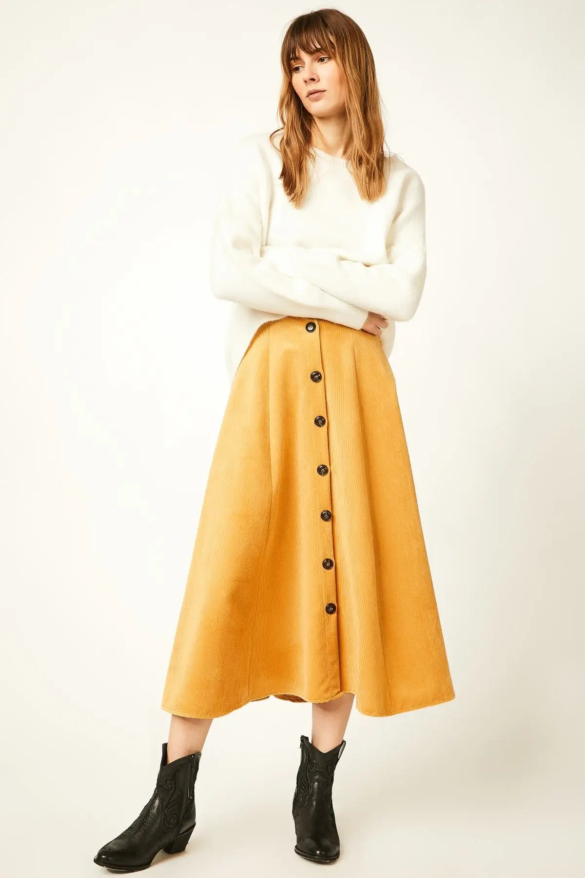 Счастье ist. Женский горчичный бархатная юбка на пуговицах FN01535|Женские юбки| |