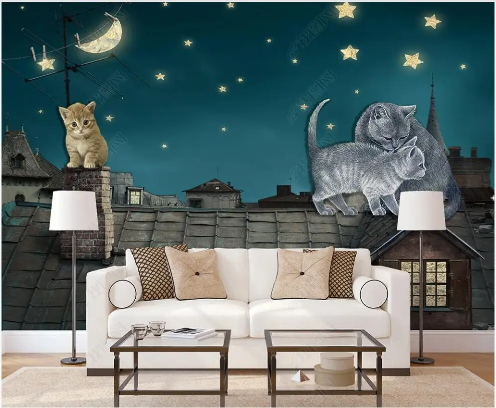 

3d wallpaper for walls in rolls Cat night starry sky roof Children's room custom mural home Decor photo wallpaper living room