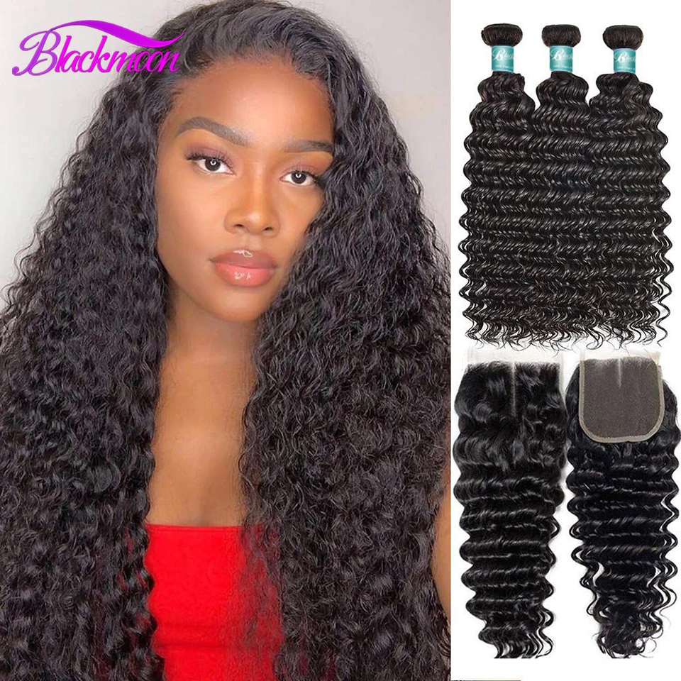 

Brazilian Hair Deep Wave 3/4 Bundles With Closure Remy Human Hair Weaves Natural Color Deep Curly Bundles with Lace Closure