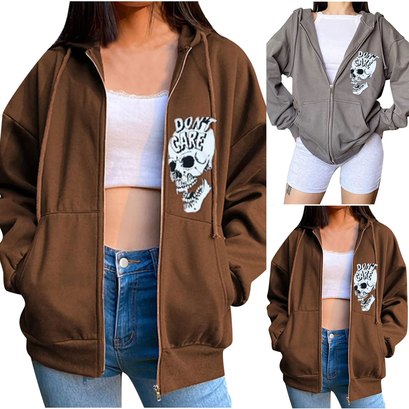 

Women's Halloween Skull Print Hooded Fashion Casual Zipper Sweatshirt Tops Blouse Winter Solid Color Y2k Zipper Hooded Sweater