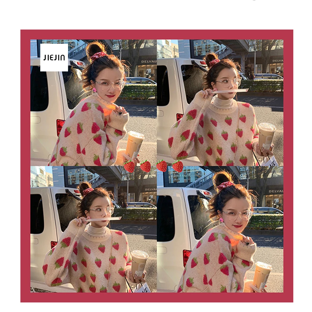 

Autumn Winter Sweet Cute Pink Cartoon Strawberry Peach Snowflake Knit Women Casual Pullover loose Sweater Long Style Top