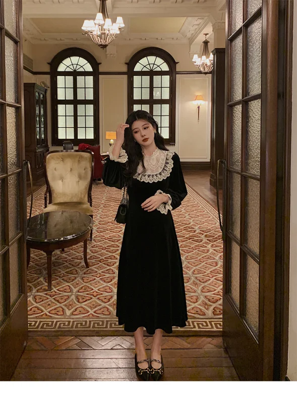 

CMAZ 2021spring and Autumn New Black Vintage Velvet Stitching